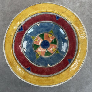 Vtg Geometric South African Ndebele Glazed Earthenware 9" Bowl Yellow Red Blue